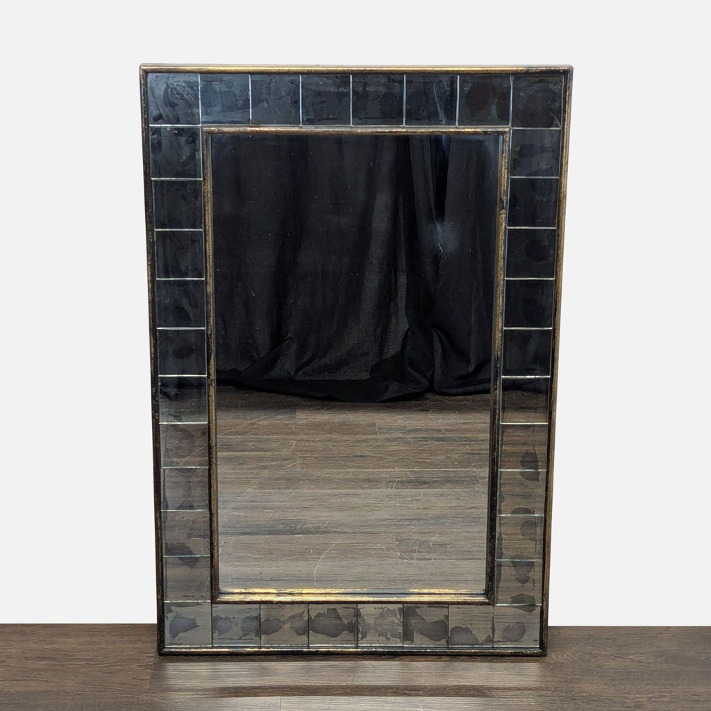 1. Rectangular wall mirror with antiqued mosaic tiles and a wood frame, shown standing on a wood floor.