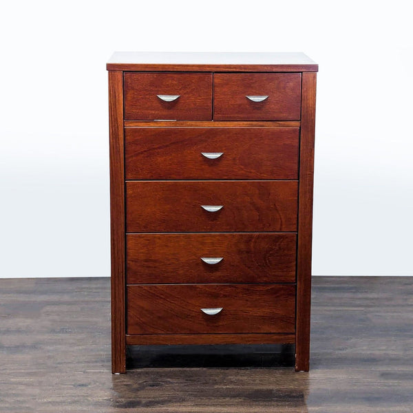 Ligna Furniture dresser with brown wood finish, six drawers, and modern silver handles for stylish storage.  