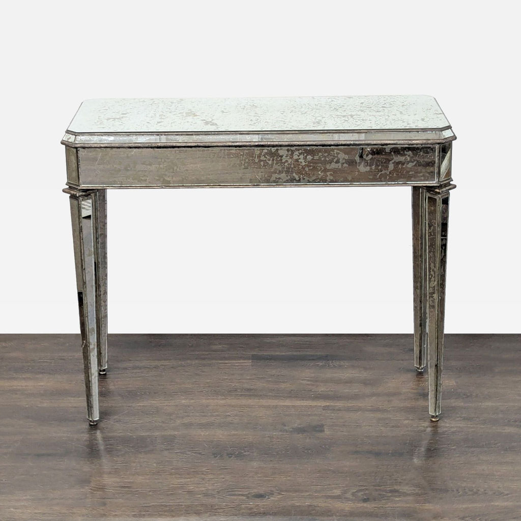 Currey & Co. antiqued mirror table, one drawer, tapered legs; elegant side & console furniture.
