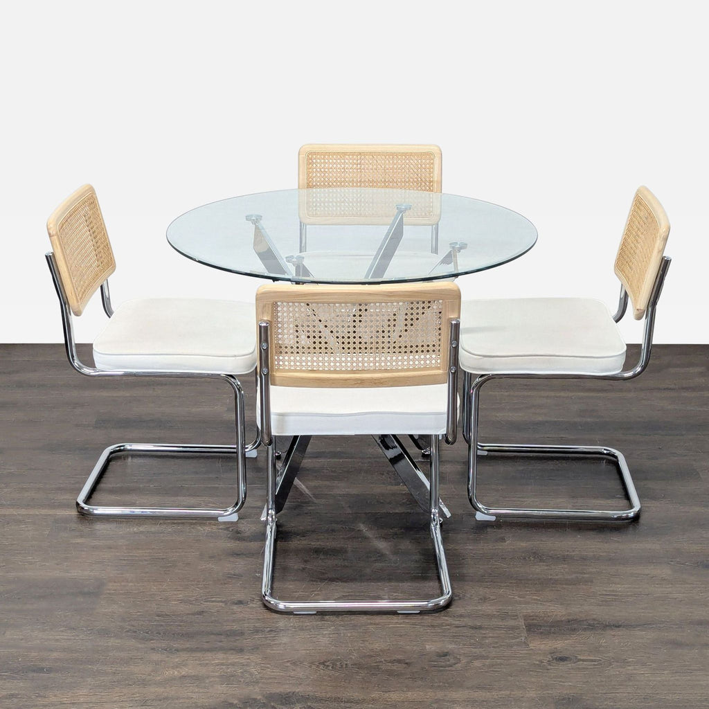 Contemporary dining set with a glass table and matching chrome and cane chairs, stylish for kitchen or dining room.