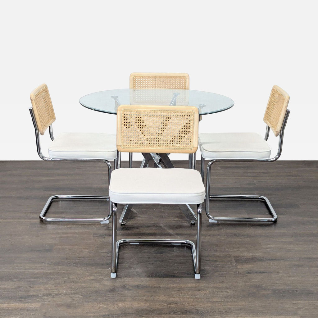 Round glass dining set with chrome base and four cane-back chairs with white seats, perfect for modern homes.