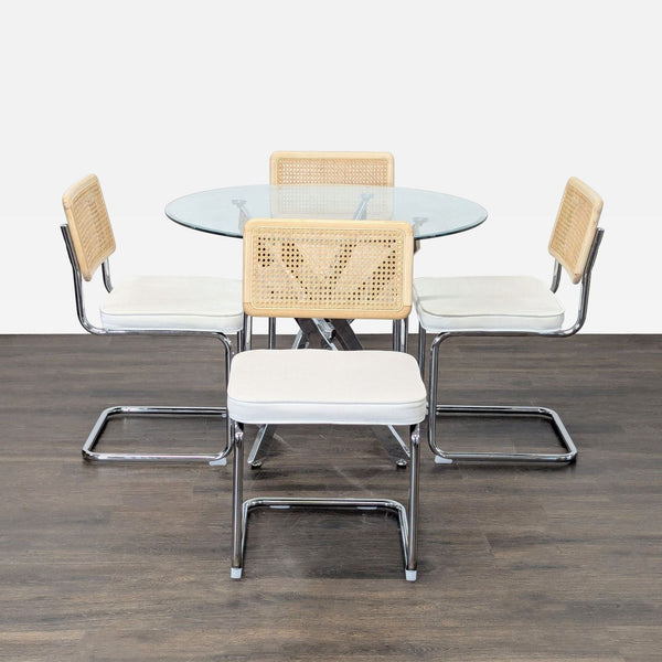 Round glass dining set with chrome base and four cane-back chairs with white seats, perfect for modern homes.