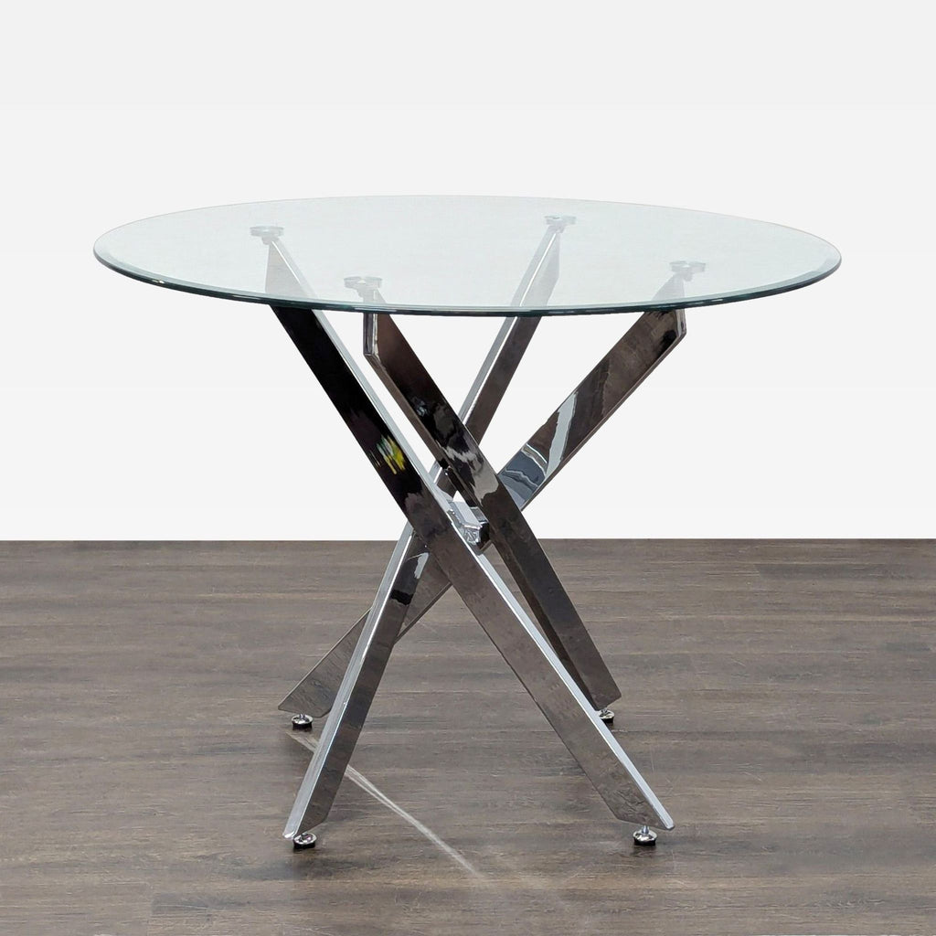 Modern dining set: chrome round table and four chairs with cane backrests and white cushioned seats, easy to clean.