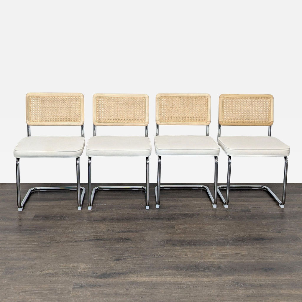 Modern 5-Piece Dining Set with Glass Table and Chrome & Cane Chairs