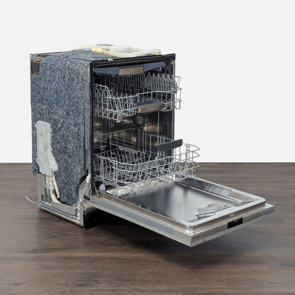 Sleek Bosch dishwasher fits most kitchens, with simple controls and a durable stainless steel finish.