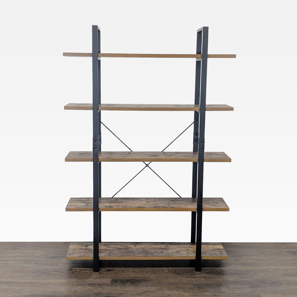 Five-shelf Dulonto bookshelf with black metal frame and wood shelves, ideal for books or decor.