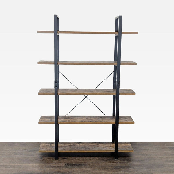 Five-shelf Dulonto bookshelf with black metal frame and wood shelves, ideal for books or decor.