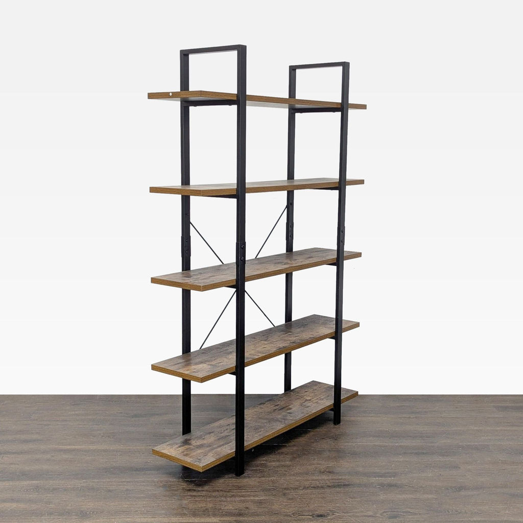 Modern industrial Dulonto bookshelf featuring open wood shelves and sturdy black metal supports.