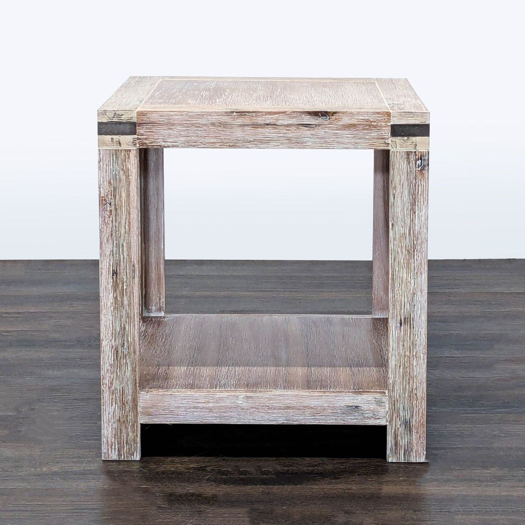 1. Modern round end table by Terrace Living Company with wooden top and metal legs in a living room setting.