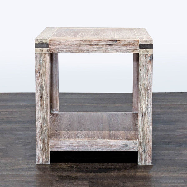1. Modern round end table by Terrace Living Company with wooden top and metal legs in a living room setting.