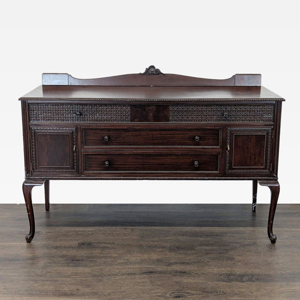 Lenox solid wood sideboard with three carved drawers and two cabinets, shown from the front.  