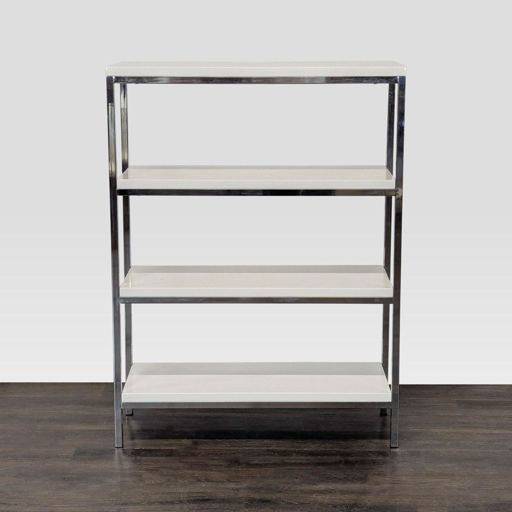 Modern chrome and white bookshelf by Scandinavian Design with four shelves, suitable for books and decor.