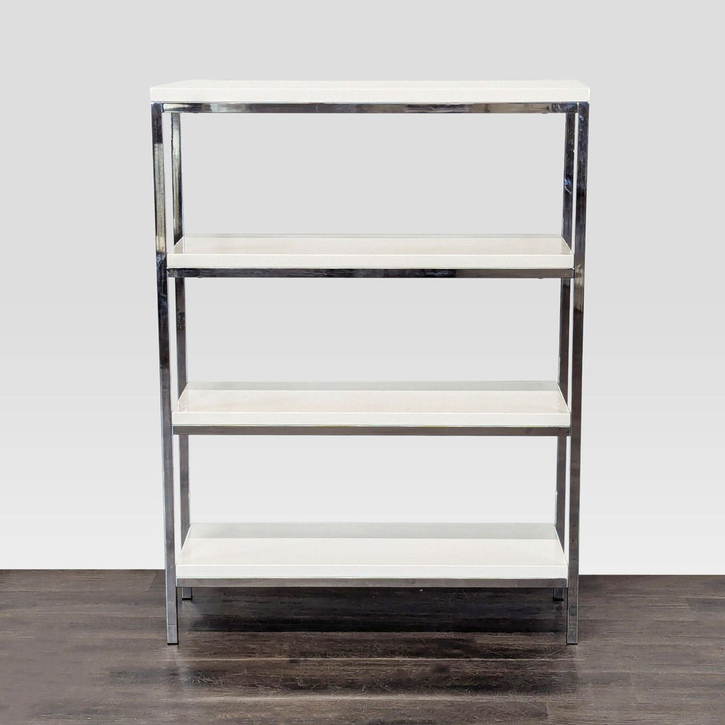 Sleek, contemporary bookshelf with a chrome frame and white shelves from Scandinavian Design, ideal for any space.