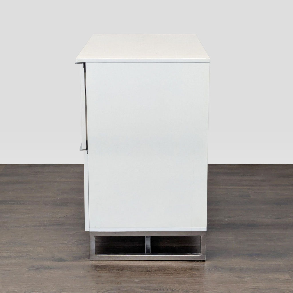 Scandinavian Design white storage cabinet featuring two spacious drawers and minimalistic metal legs.