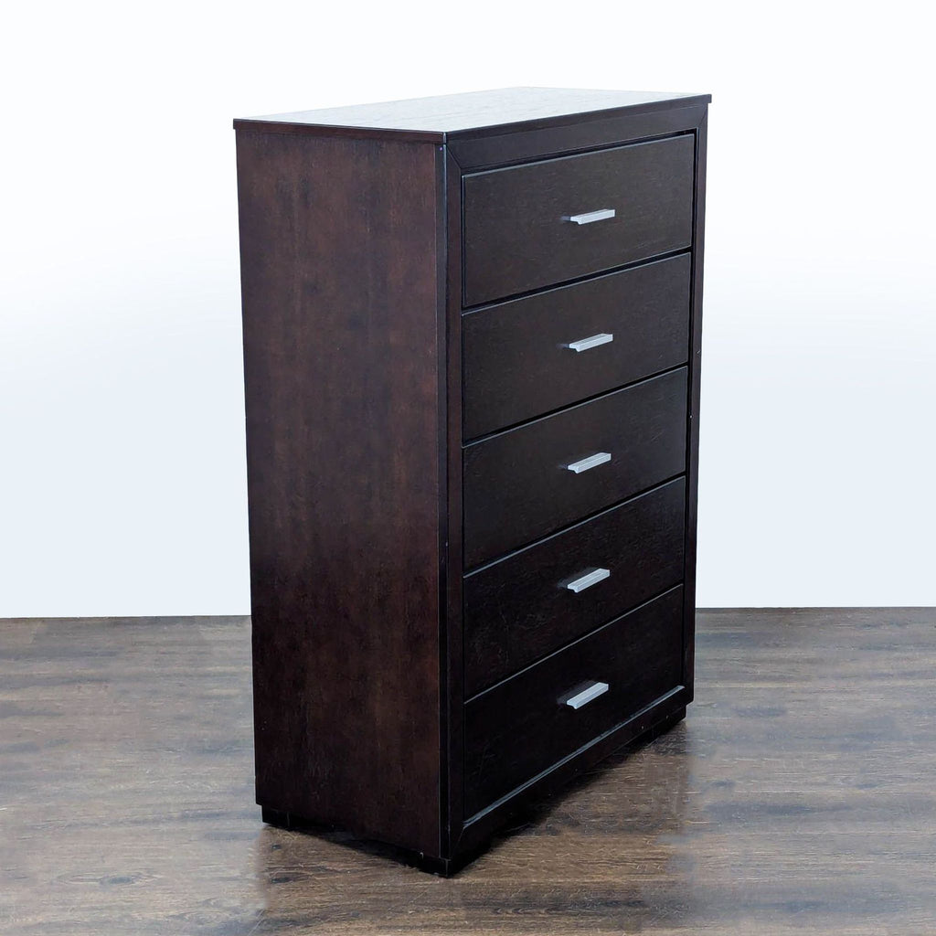 Modern 5-Drawer Dark Wood Dresser with Sleek Metal Handles