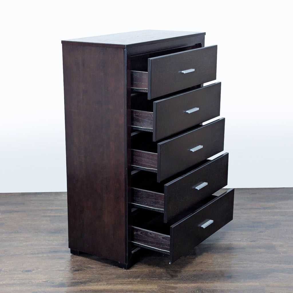 Modern 5-Drawer Dark Wood Dresser with Sleek Metal Handles