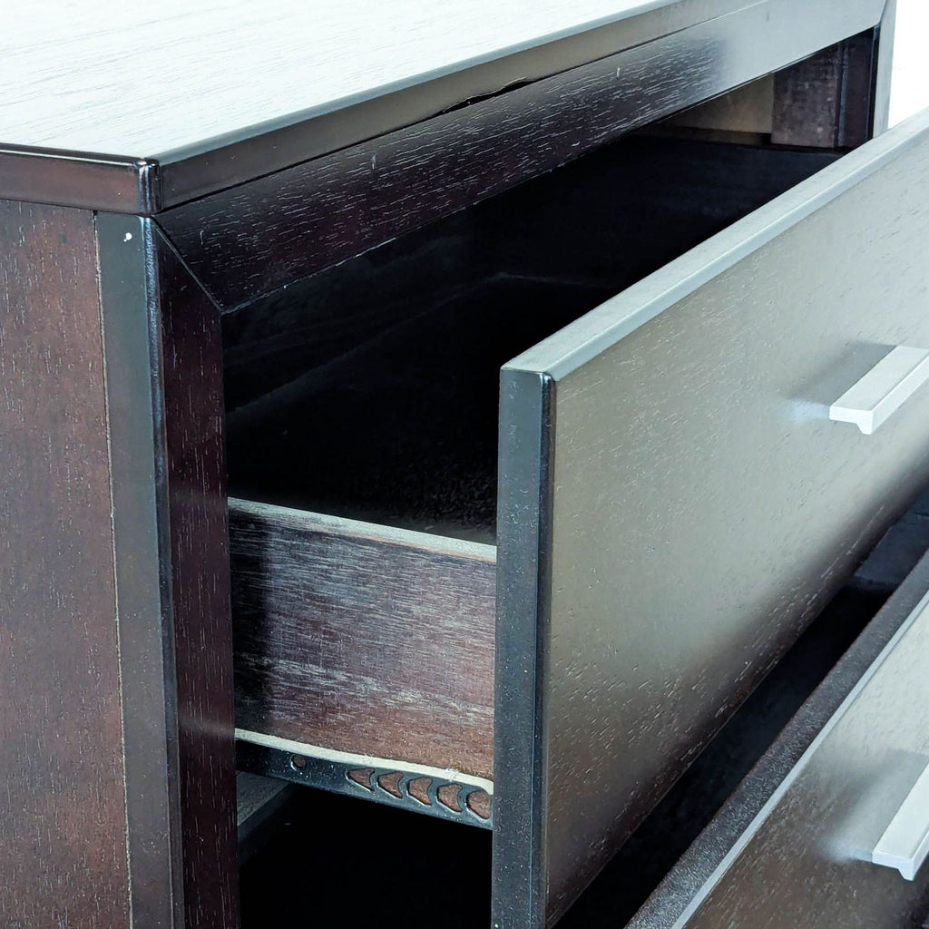 Modern 5-Drawer Dark Wood Dresser with Sleek Metal Handles