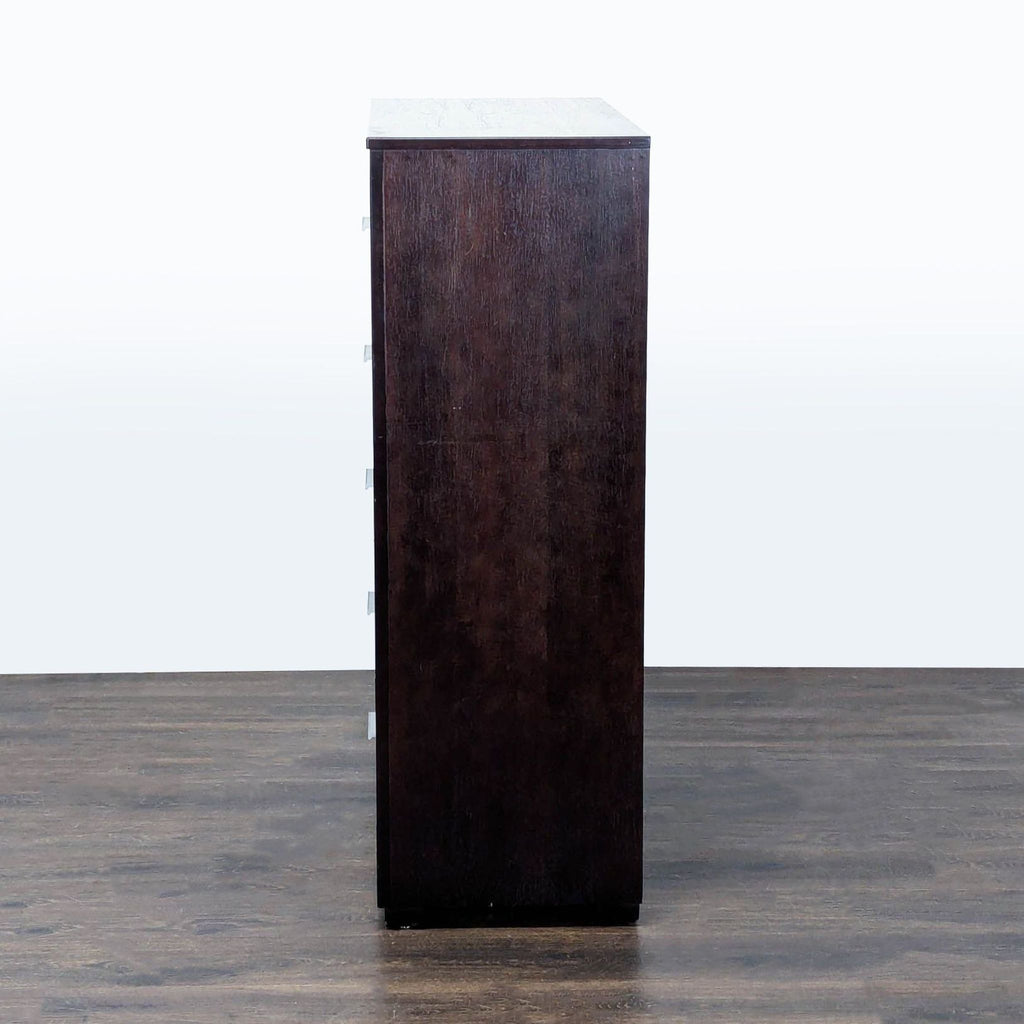 Modern 5-Drawer Dark Wood Dresser with Sleek Metal Handles