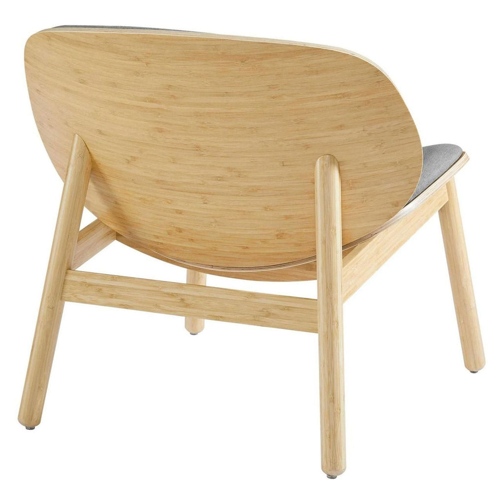 Stylish lounge chair by Greenington, featuring gray cushions and a smooth bamboo frame for relaxation and flair.
