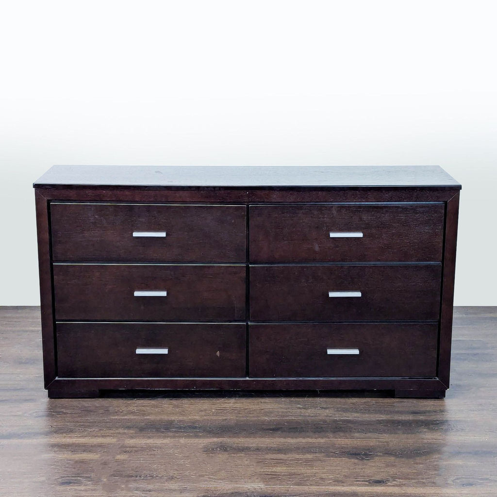Modern 6-Drawer Dark Wood Dresser with Silver Handles