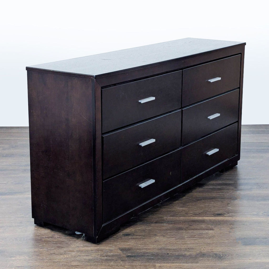 Modern 6-Drawer Dark Wood Dresser with Silver Handles