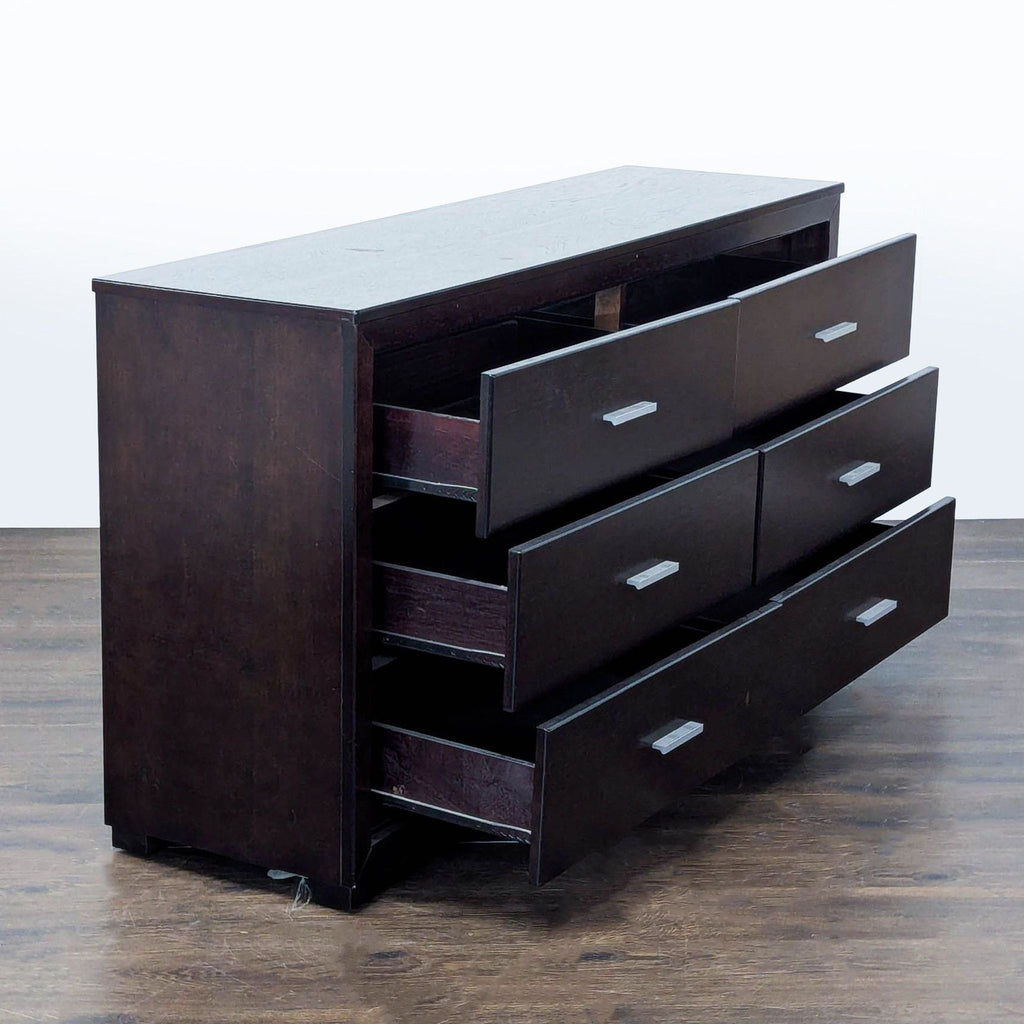 Modern 6-Drawer Dark Wood Dresser with Silver Handles