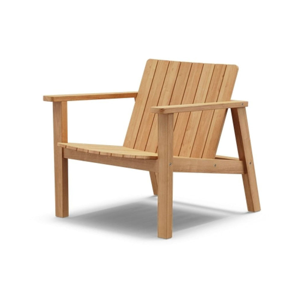 Neighbor brand chair in natural teak wood, featuring slatted seat and back, designed for comfort and durability.  