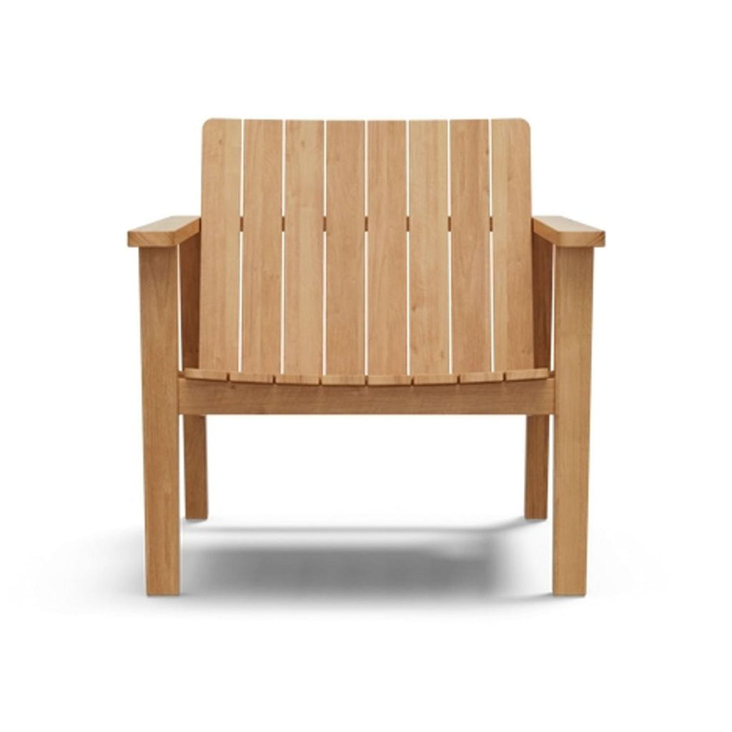 Modern teak Neighbor chair with wide armrests and slatted design for stylish patio or indoor seating.  