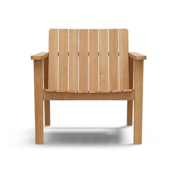 Modern teak Neighbor chair with wide armrests and slatted design for stylish patio or indoor seating.  