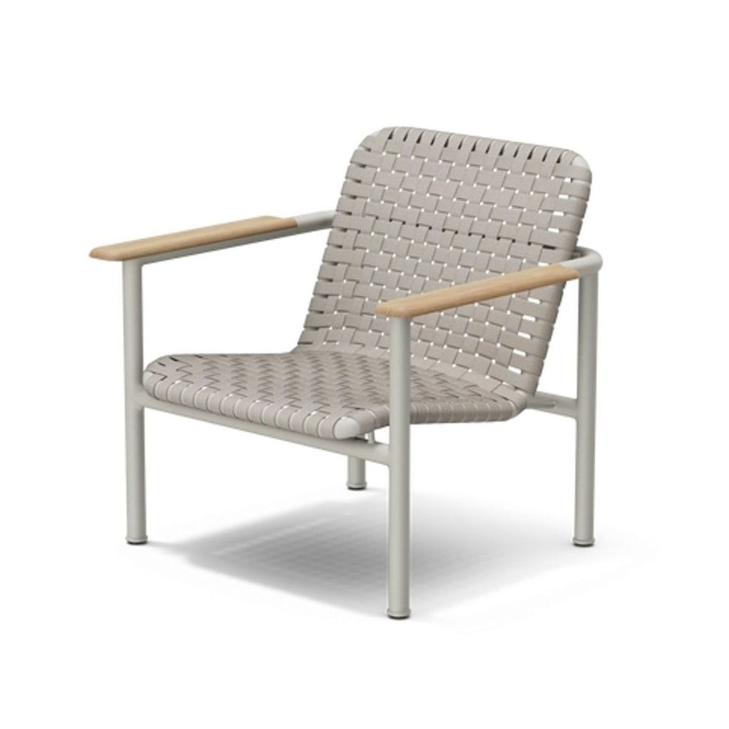 Modern Neighbor chair features a woven support seat, sturdy metal frame, and natural wood armrests in minimalist style.