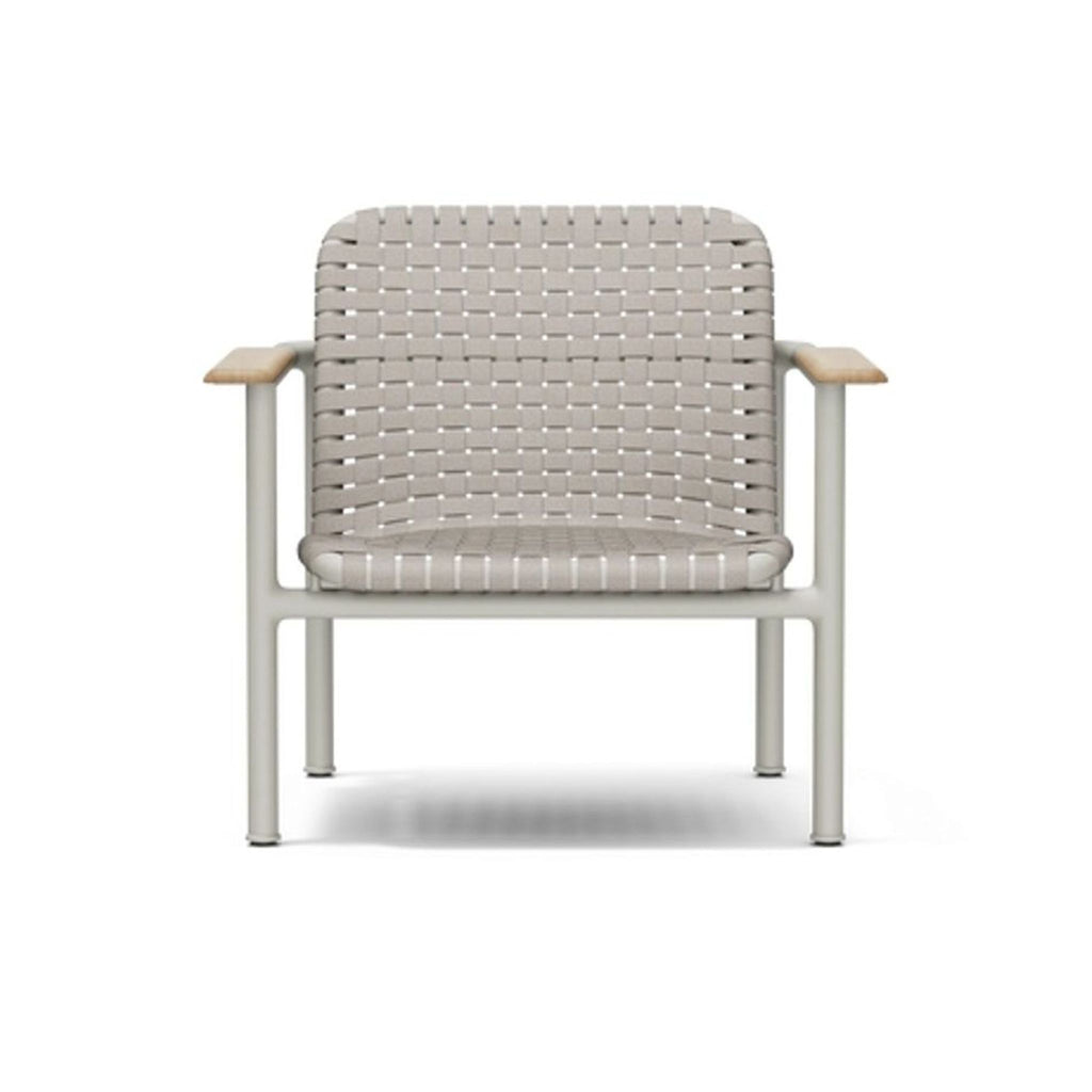 Neighbor chair with woven seat and back, metal frame, and wood armrests, ideal for indoor or outdoor spaces.