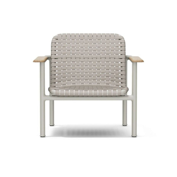 Neighbor chair with woven seat and back, metal frame, and wood armrests, ideal for indoor or outdoor spaces.