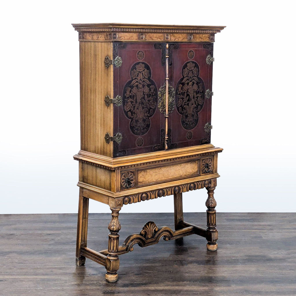 Hand-painted Berkey & Gay cabinet with shelving, brass accents, burled wood details, and included key.