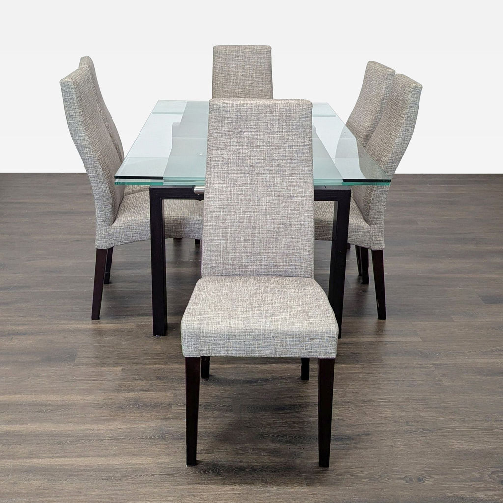 Scandinavian Designs glass dining set with six upholstered chairs, modern style, shown in a bright room.