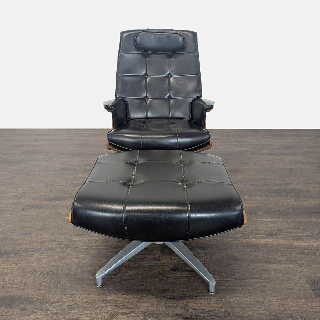 Vintage Heywood-Wakefield Mid Century Modern Black Leather Lounge Chair & Ottoman - Accepted Offer (6.67% discount)