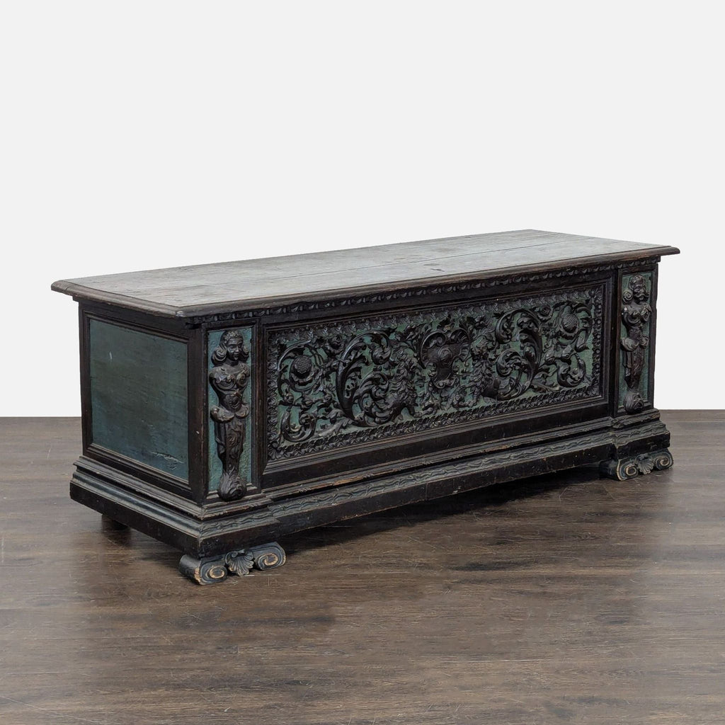 Antique Wooden Trunk with Ornate Carved Details and Hinged Lid - Accepted Offer (21.88% discount)
