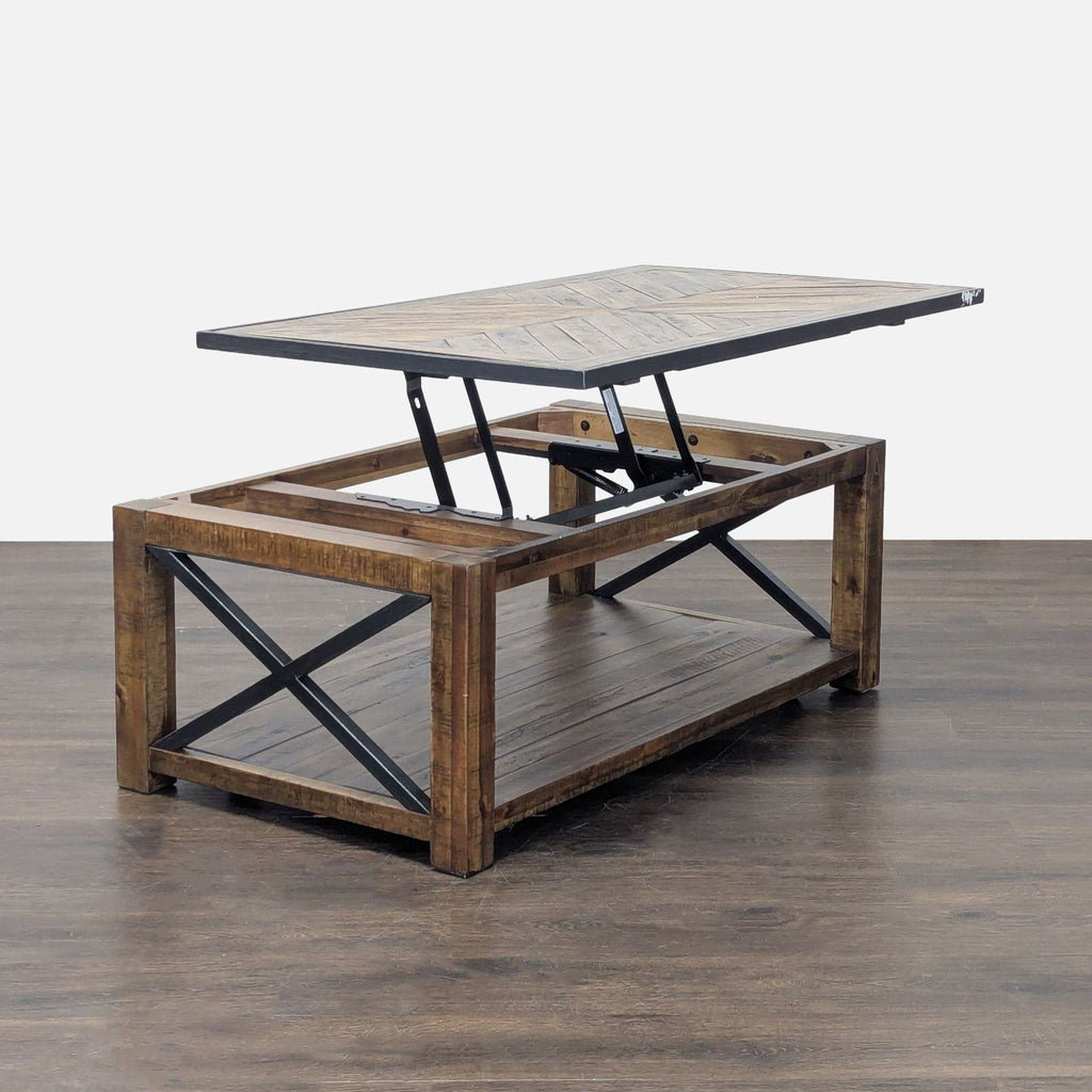 2. Modern coffee table with a herringbone pattern wood top and shelf supported by a metal base.  