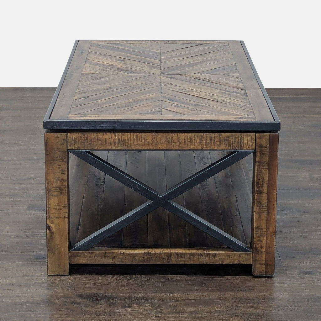 3. Rectangular coffee table with metal legs, herringbone top, and plank-style lower shelf.