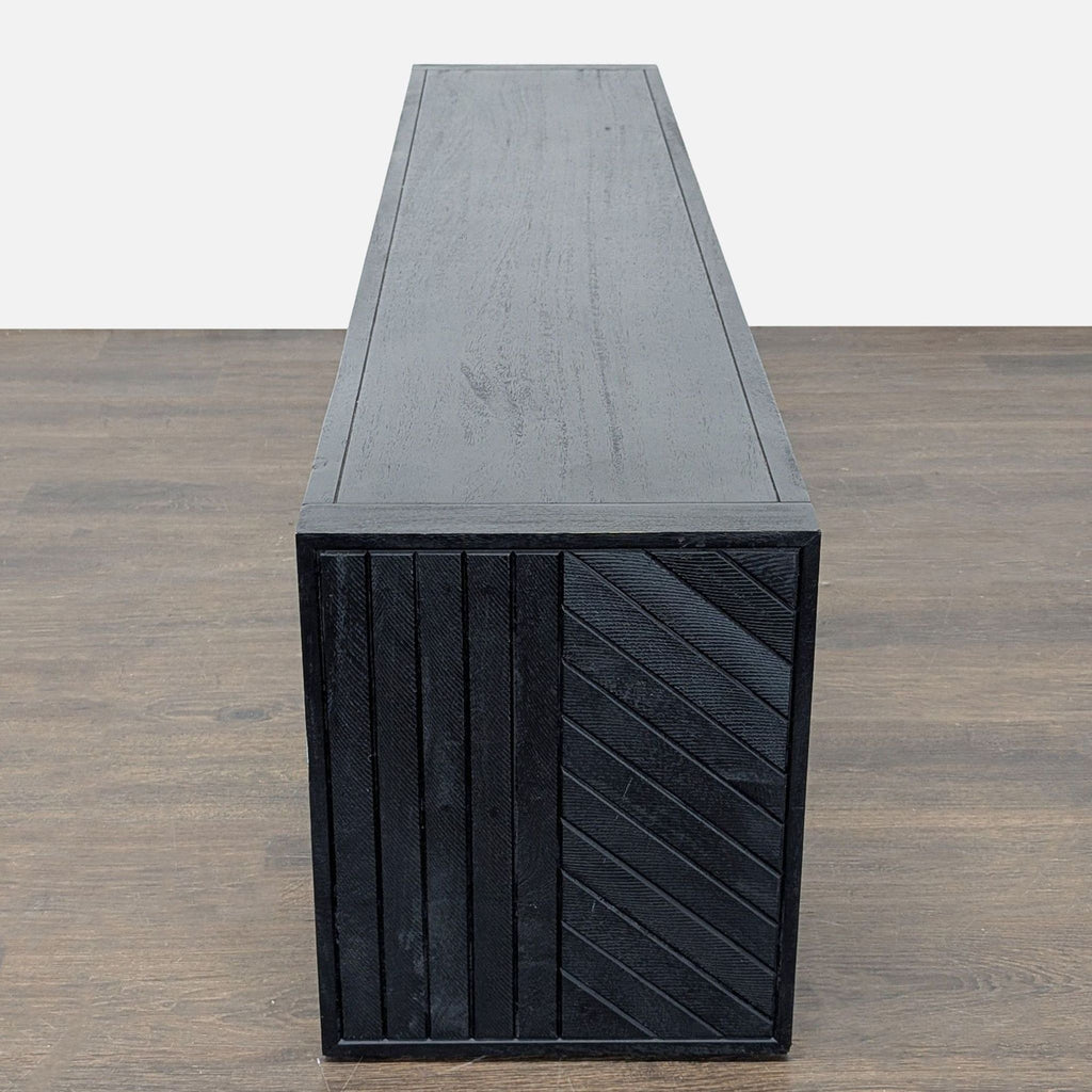 Artisan-crafted Dunewood bench with parquetry waterfall legs, angled mosaic lines, and a contemporary rustic vibe.