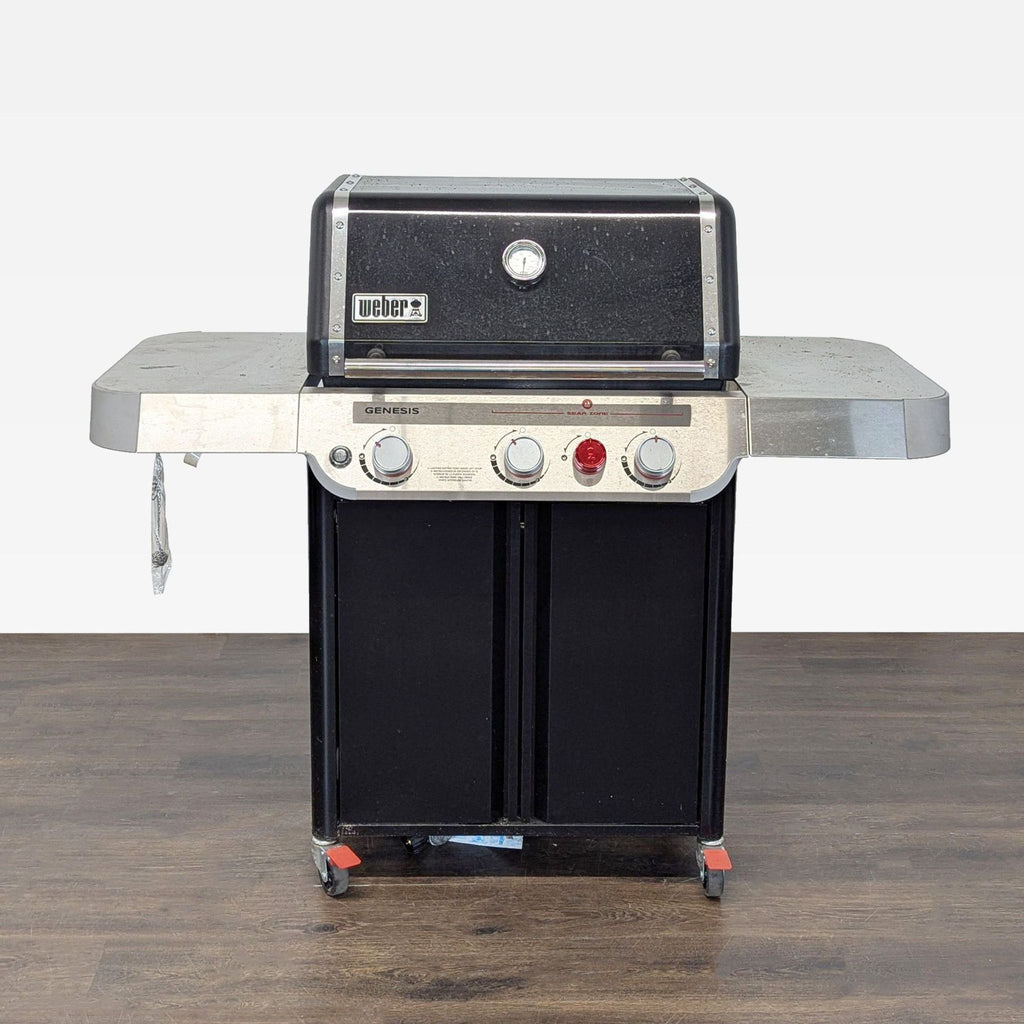 Weber Genesis three-burner gas grill with side shelves, storage space, and wheels for easy transport.