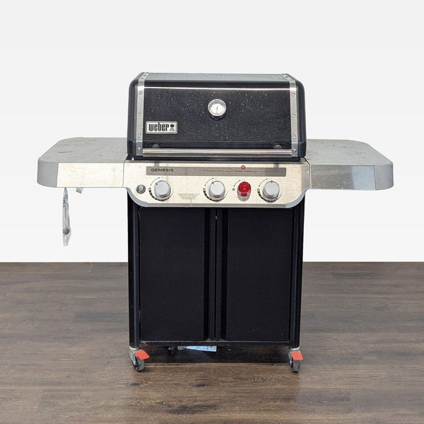 Weber Genesis three-burner gas grill with side shelves, storage space, and wheels for easy transport.