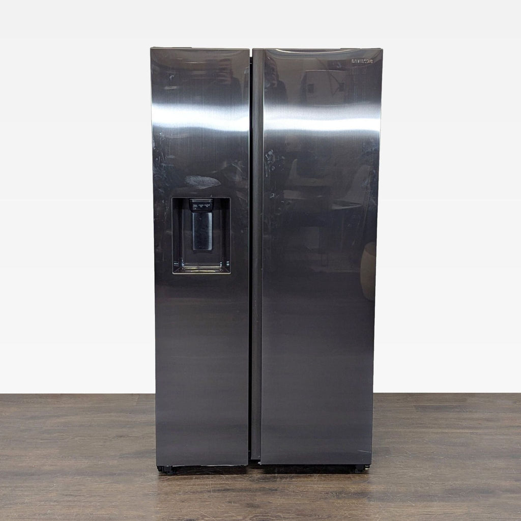 Sleek Samsung side-by-side refrigerator with stainless steel finish and built-in water dispenser.