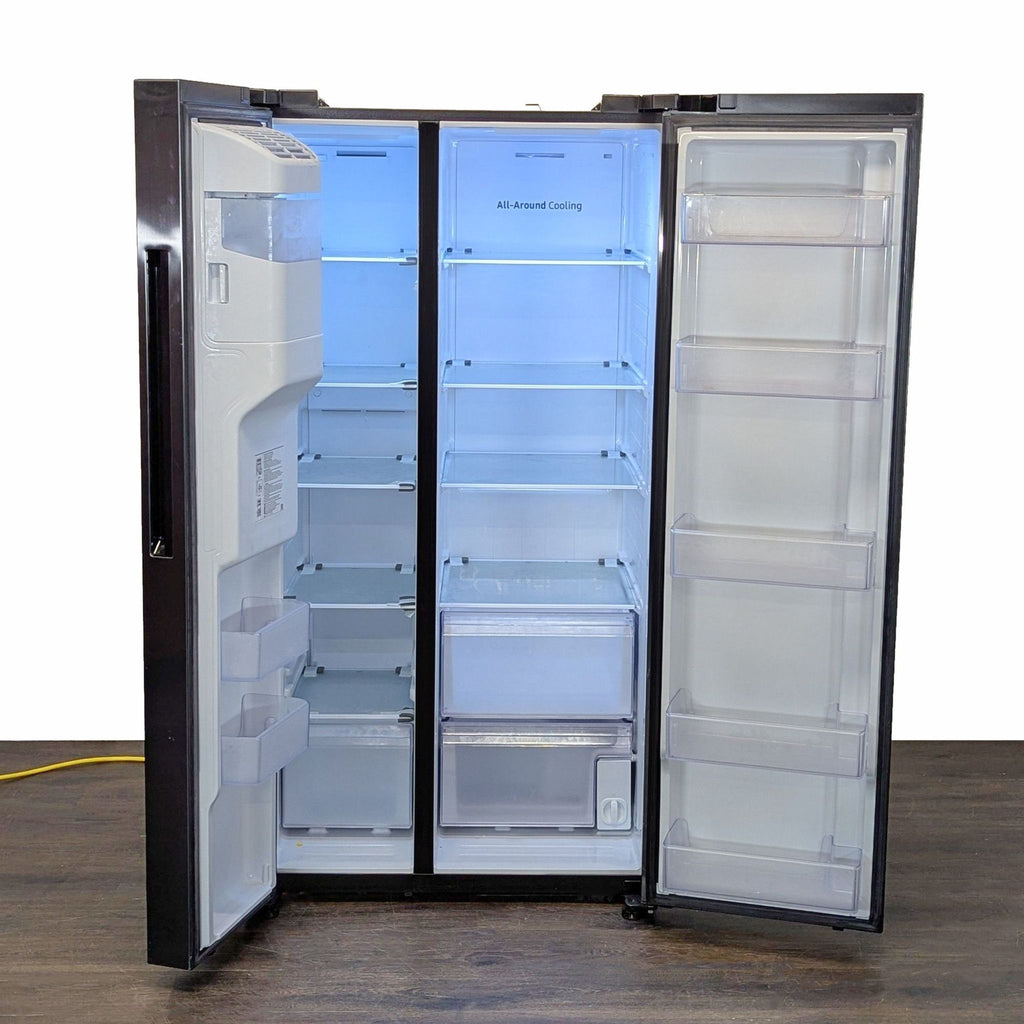 Spacious Samsung refrigerator featuring adjustable shelves, bright interior, and organized compartments.