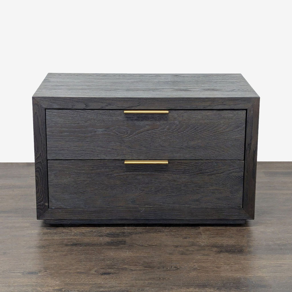 Restoration Hardware nightstand by Van Thiels, postmodern 1970s style, oak veneer, warm patina, aluminum hardware.