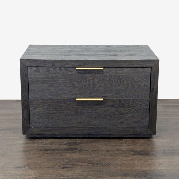 Restoration Hardware nightstand by Van Thiels, postmodern 1970s style, oak veneer, warm patina, aluminum hardware.