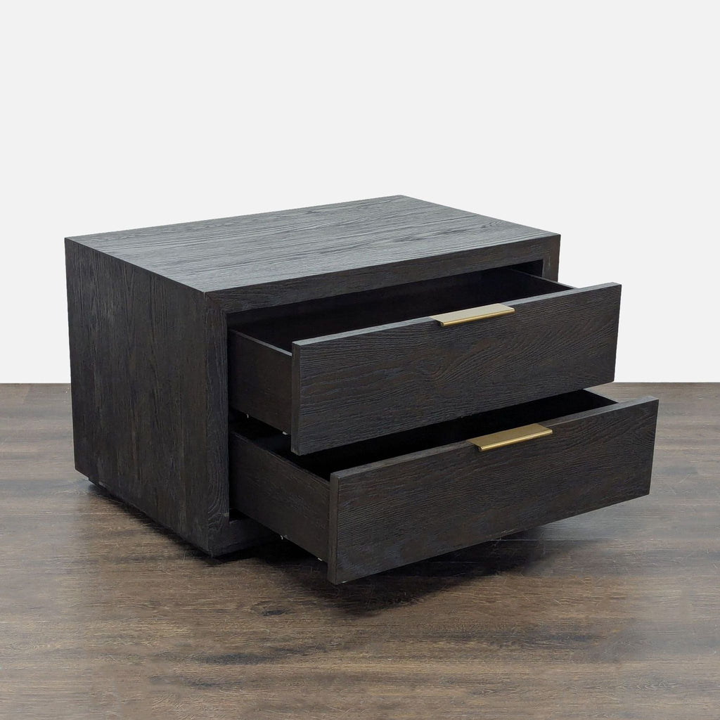 Modern nightstand featuring sandblasted oak veneer, mitered frames, and solid aluminum pulls, inspired by 1970s design.