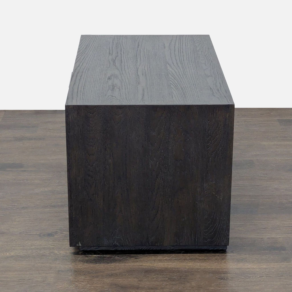 1970s-inspired modern nightstand by Restoration Hardware, crafted from textured oak and enhanced with brushed metal accents.