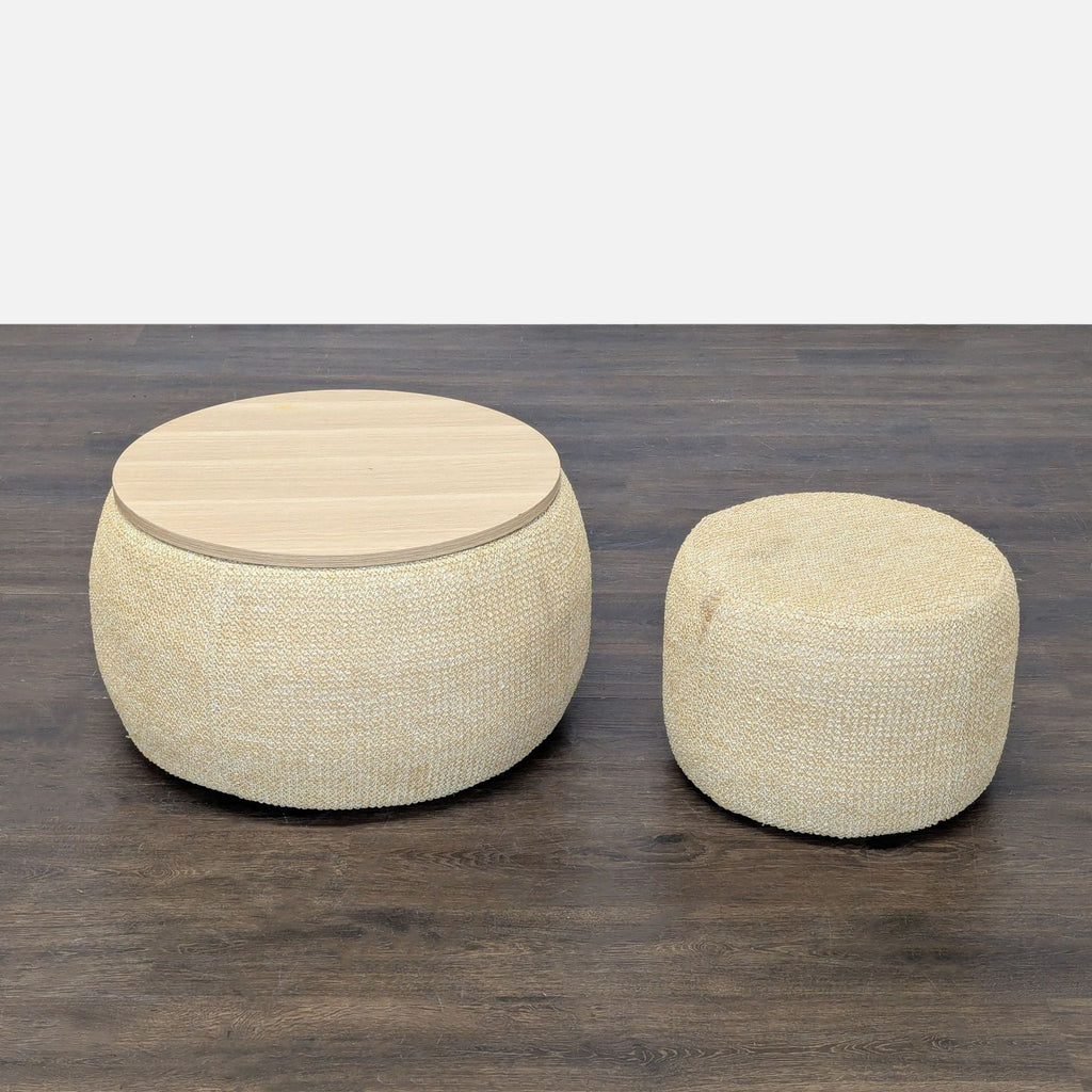 Upholstered Storage Ottoman Set with Removable Wood Tray