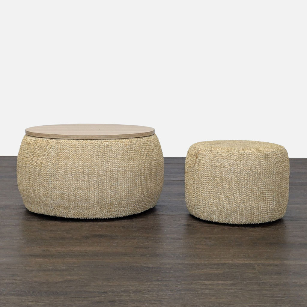 Round woven coffee table with wooden top, hidden storage, plus matching ottoman.  