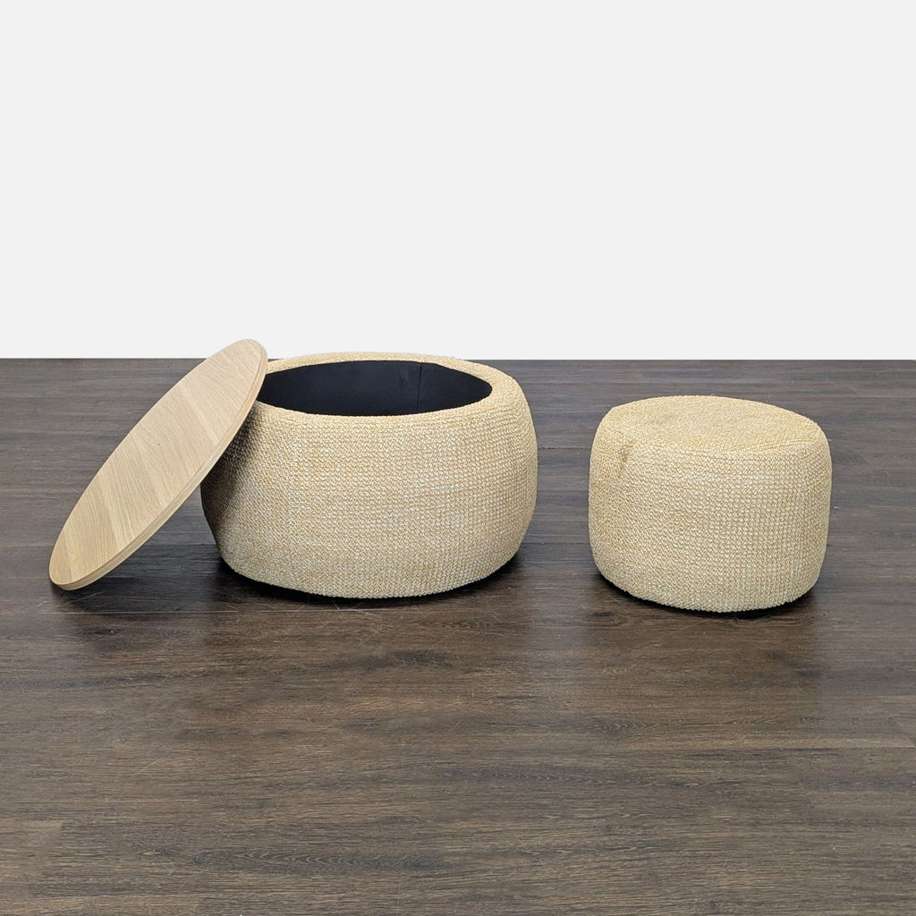 Woven coffee table set: round table with storage and removable wood top; includes ottoman.  